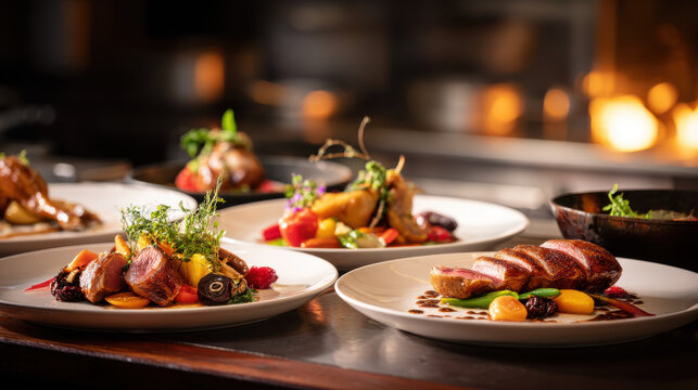 A selection of gourmet dishes artfully arranged, ready to be enjoyed in a warm, inviting setting.