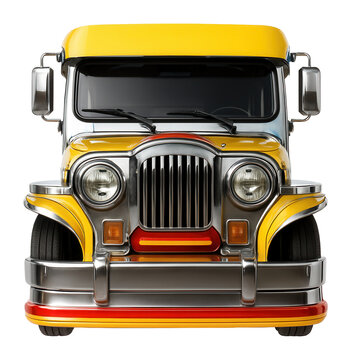 Symmetrical  design of a modern jeepney front in chrome, yellow, and red.