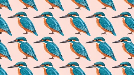 Vibrant Kingfisher Bird Seamless Pattern on a Pink Background