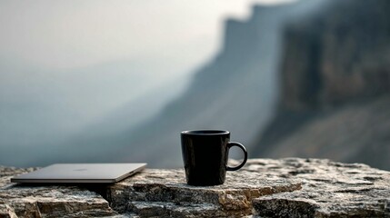 Laptop and coffee on mountain rocks