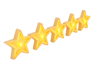 Glowing yellow stars in a row isolated on a transparent background rating review