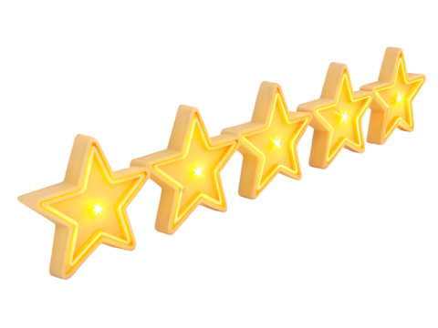 Glowing yellow stars in a row isolated on a transparent background rating review