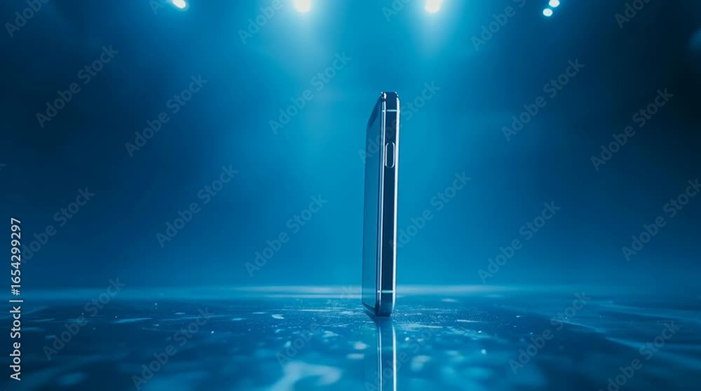 Poster futuristic mobile communication device illuminated by a vibrant ethereal blue light showcasing its s