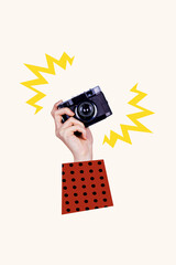 Sketch image artwork composite 3D photo collage of body language gesture showing hand hold camera...
