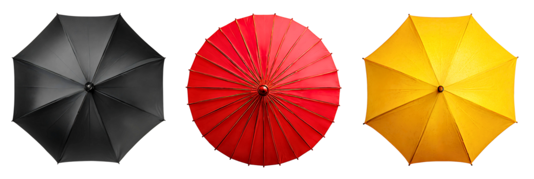 Collection of black, red and yellow umbrellas isolated on a white or transparent background