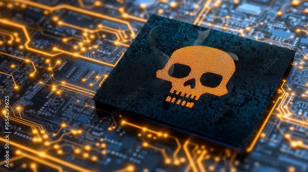 Poster a conceptual illustration of a microprocessor with a menacing skull emblem etched onto its surface s