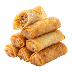 Golden fried egg rolls stacked together appetizer isolated on transparent background