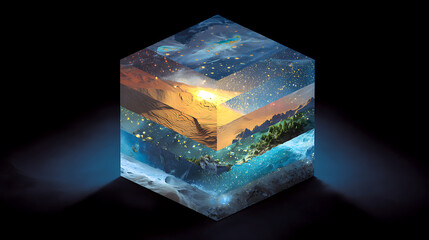 Layers of Earth's diverse environments and cosmos captured within a glowing cube