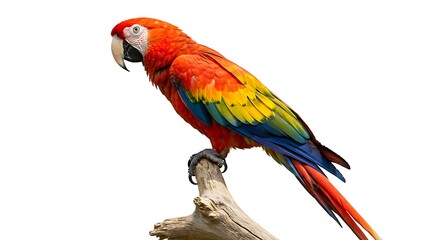 Obraz premium Scarlet Macaw Perched on Branch, Vivid Plumage Against White Background, Sharp Focus