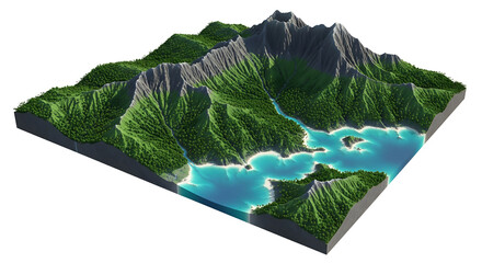 Stunning 3D rendered coastal island landscape showcasing majestic green mountains, rugged shorelines, and vibrant blue ocean waters, an idealized natural scene.