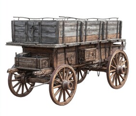 Obraz premium Aged wooden wagon, boxy, rustic, with large wheels, isolated