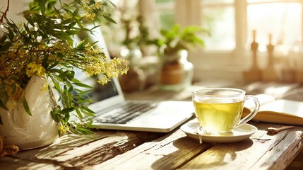 Laptop tea rustic table morning