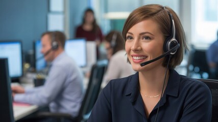 Smiling female customer service agent wearing a headset ready to assist clients with professional office support.