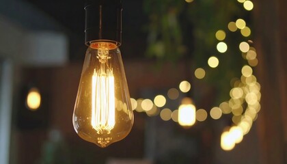 Warm Edison bulb in focus, bokeh lights