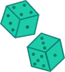 Two turquoise dice with dots on a solid background