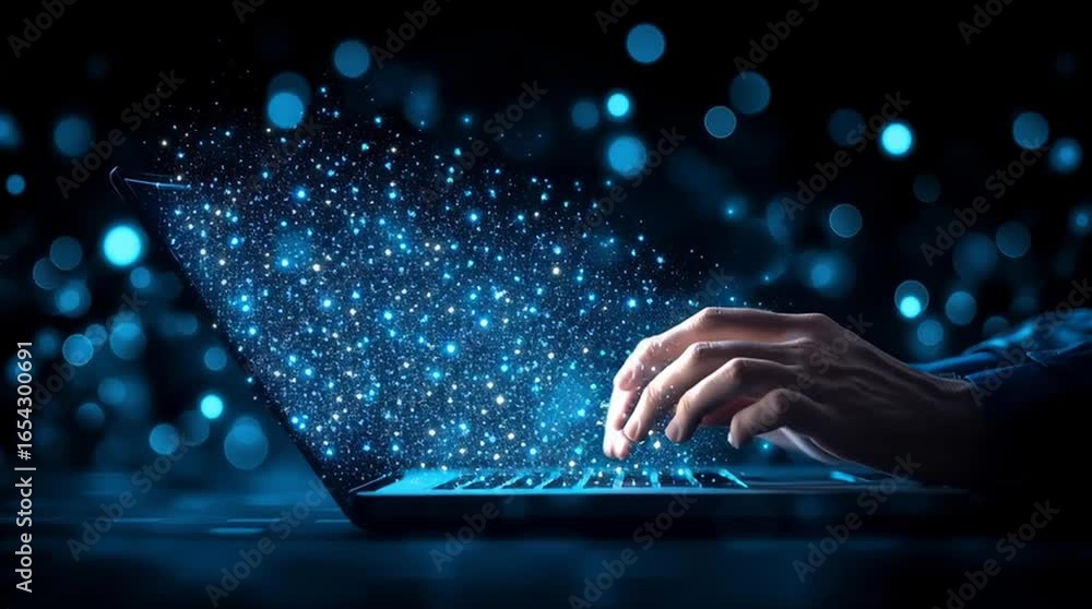 Poster symbol of success and innovation as a person interacts with a laptop computer showing a bright glowi