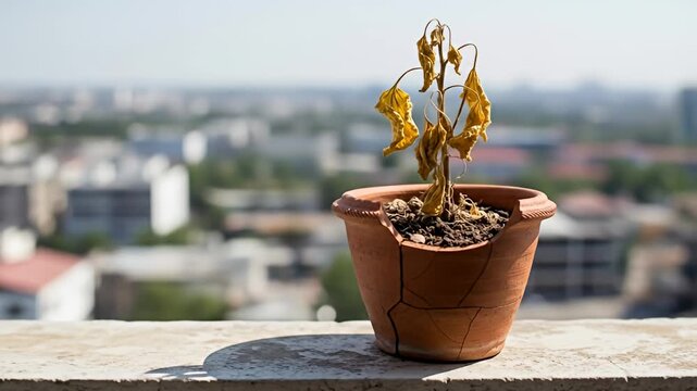 Withered plant in a broken clay pot with city backdrop on a sunny day