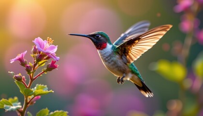 Fototapeta premium Serene hummingbird photographed in a hovering pose near blooming flowers
