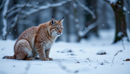 Serene lynx photographed in a crouching pose in a snowy forest clearing