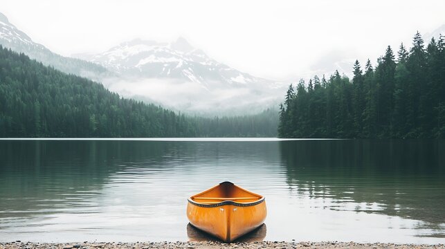 Orange canoe rests on a tranquil lake shore with misty mountains beyond