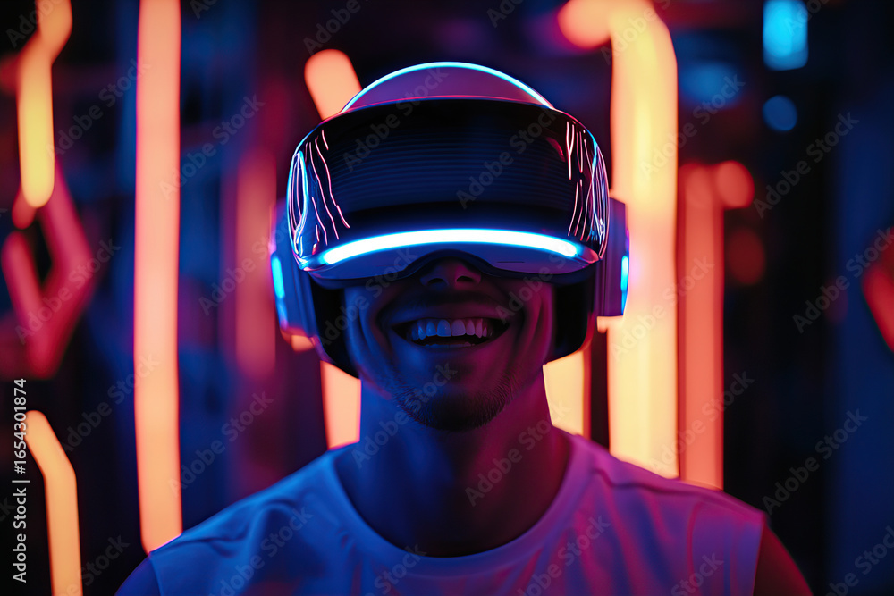 Poster man enjoying immersive virtual reality experience with advanced headset in vibrant neon setting