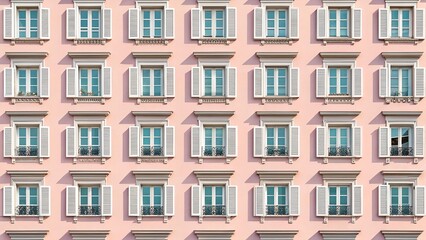 Fototapeta premium Symmetrical pattern of open windows on a pastel pink building