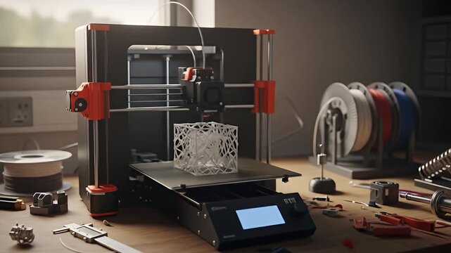 3D printer making a detailed cubic structure on a wooden desk with various tools