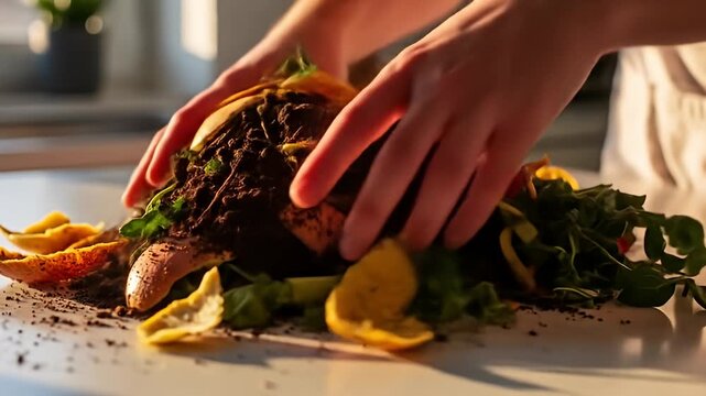 Person arranging food scraps, peels and coffee grounds on counter for compost