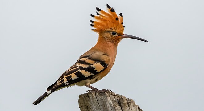 Striking Hoopoe Bird with Crest Perched on Weathered Wooden Post Against Pale Sky
