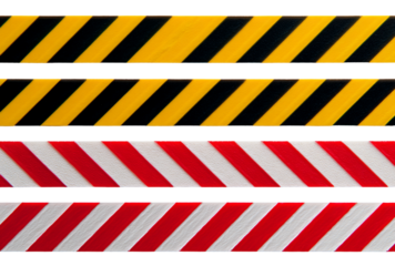 Caution and warning tape with black and yellow stripes and red and white stripes isolated on transparent background for safety and security