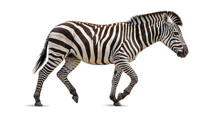 Fototapeta premium Striking Zebra Portrait: Walking with Bold Stripes on a Clean White Background