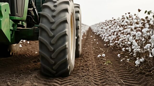 Ground-level view shows tractor treads through a cotton field in natural light
