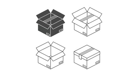 Isometric view of open and closed cardboard boxes isolated on white background