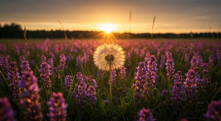 Obraz premium Ephemeral beauty: Dandelion stands tall amidst a violet floral tapestry at sunset
