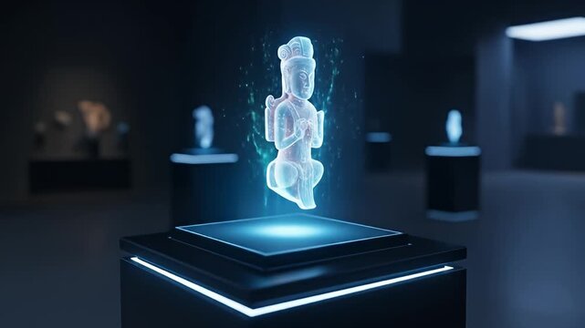 Holographic Buddha sculpture displayed in a futuristic, dark exhibition room, glowing blue