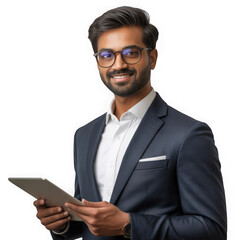 Smiling businessman in suit holding a tablet against a black background