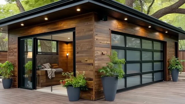 Modern wooden garage conversion into a cozy living space with large glass doors, surrounded by lush trees and well-maintained landscaping