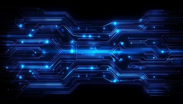 Abstract blue neon light trails and geometric shapes