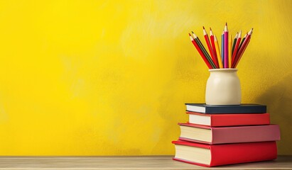 Stack of books with pencils in a vase on bright yellow background, featuring copy space for back to school or educational themed designs