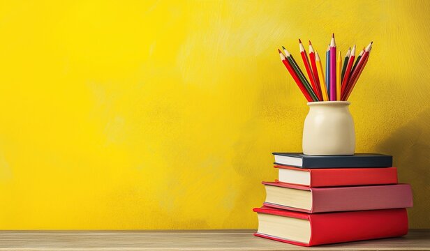 Stack of books with pencils in a vase on bright yellow background, featuring copy space for back to school or educational themed designs