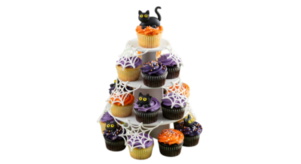Delightful Halloween cupcakes with festive black cat and spiderweb decorations arranged on a tiered stand, perfect for parties and celebrations.