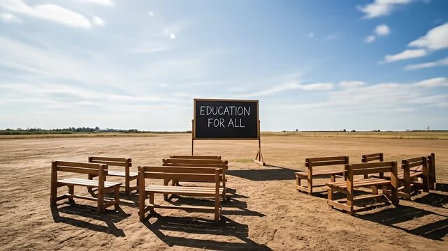 Open air classroom with bench seating and a blackboard reading "Education For All