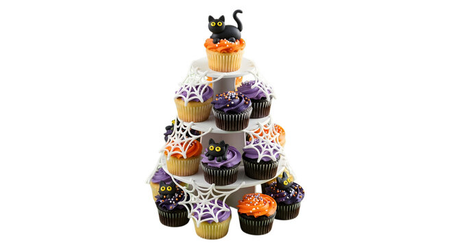 Delightful Halloween cupcakes with festive black cat and spiderweb decorations arranged on a tiered stand, perfect for parties and celebrations.