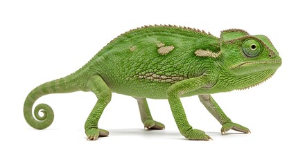 Fototapeta premium Vibrant Green Chameleon with Curled Tail on White Background