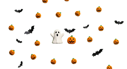 Spooky cute Halloween ghost and jack-o'-lanterns scattered playfully with flying bats for festive holiday designs