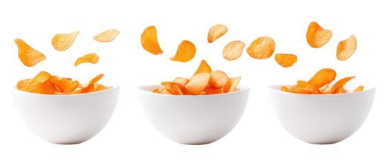 Three White Bowls Filled With Orange Chips Isolated On Transparent Background