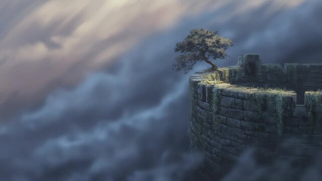 Dramatic landscape of a lone tree on a cliff edge with lightning over hills in a moody, stormy atmosphere.