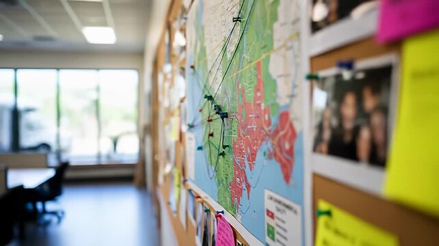 Corkboard displays map with pins and strings, alongside photos and sticky notes