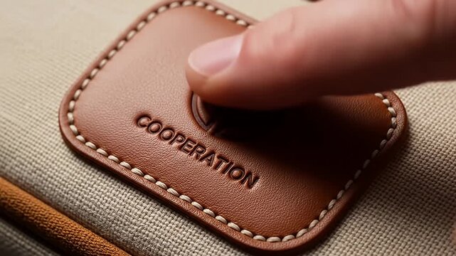 Close-up of a finger pressing a button on a brown leather patch with white stitching