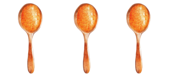 Three Orange Spoons with Shiny Metallic Appearance Isolated Against Transparent Background